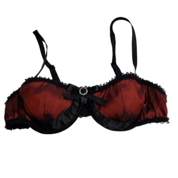 Coquette Sexy Bra Deep Red Black Lace Balconette Size Large - Picture 12 of 12